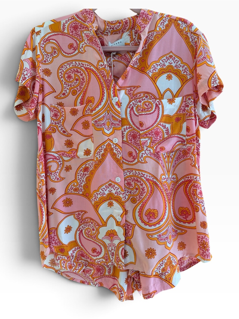 Piyama "Maggie" Pink/Orange Paisley Short Sleeve Button Front Shortie Pajama Set
